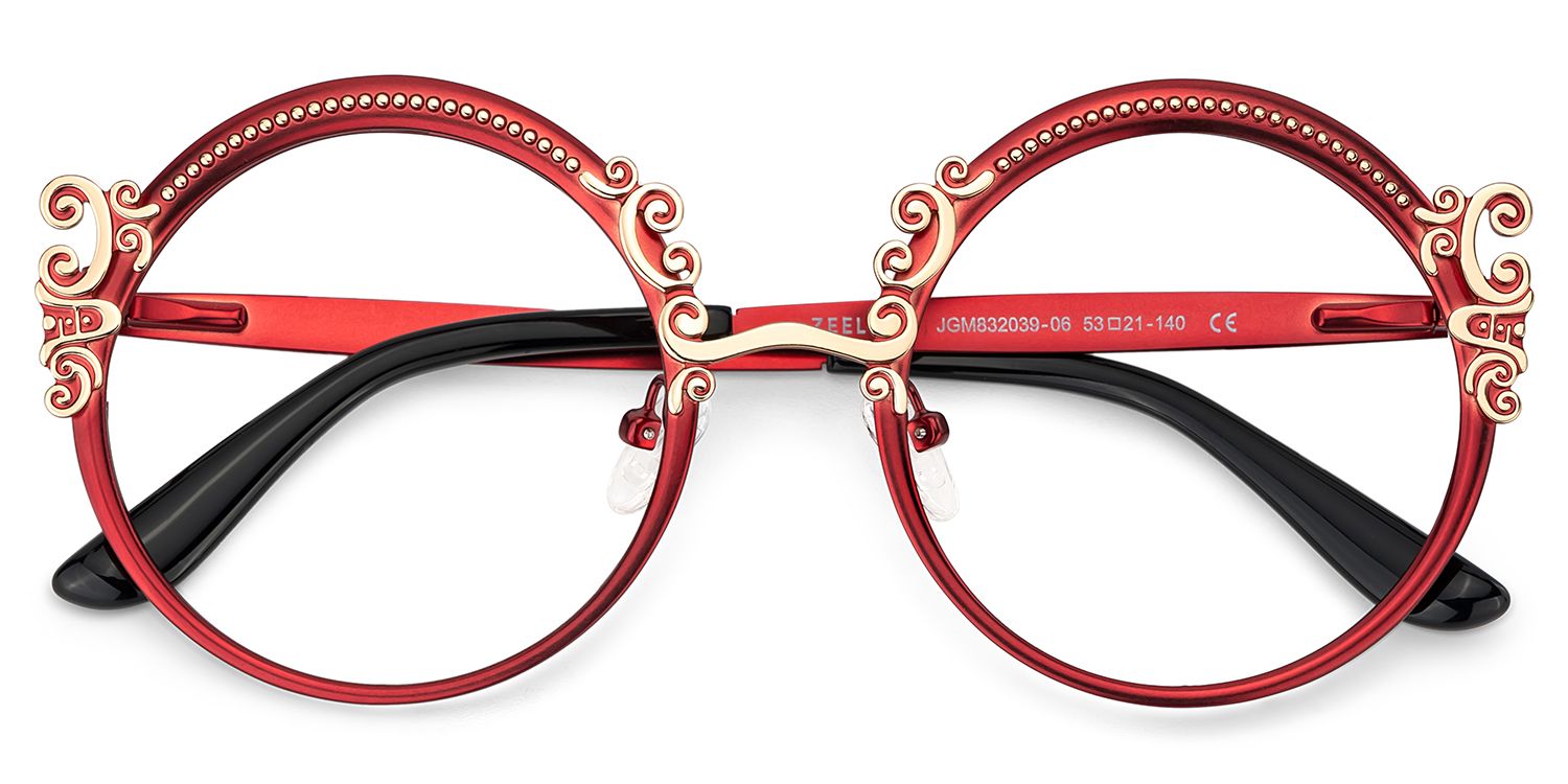 Red Round Glasses Frames With Carved Floral Pattern2