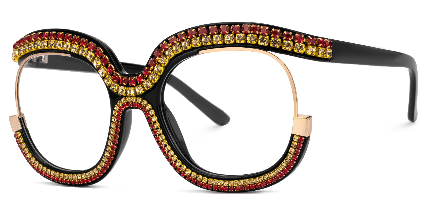 Veasley Yellow-Red Rhinestone Square Bling Glasses1