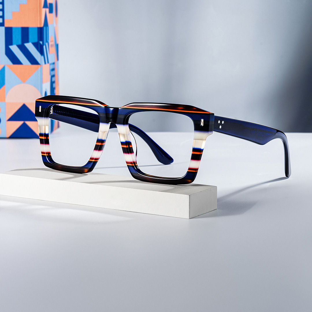 Large Square Frame Eyeglasses With Blue and White Stripes0