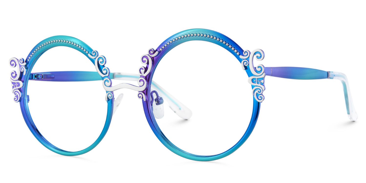 Blue Retro Round Glasses With Carved Floral Pattern3
