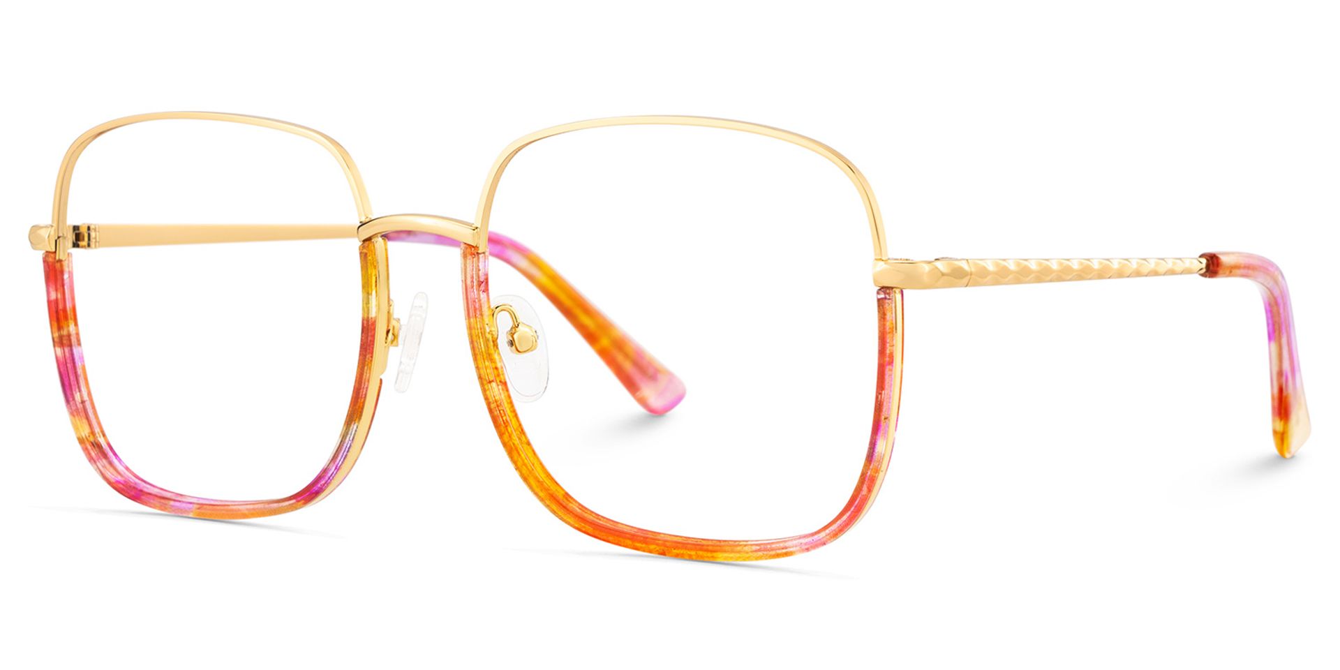 Wade is a pair of square eyeglasses. Its lower frame and temples feature a captivating red floral pa3