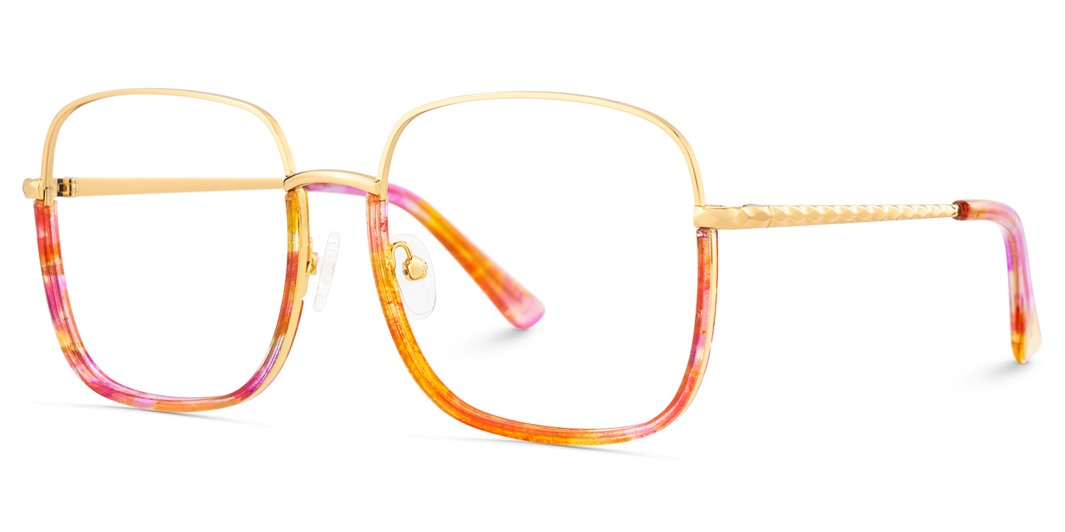 Wade is a pair of square eyeglasses. Its lower frame and temples feature a captivating red floral pa3