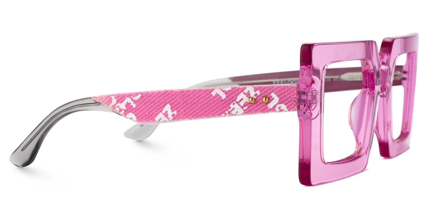Transparent Pink Chunky Square Glasses with Denim Temples4