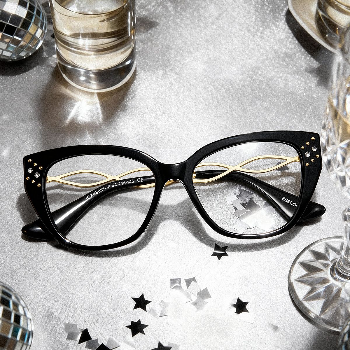 Alma Butterfly Black Glitter Eyeglasses | ZEELOOL0