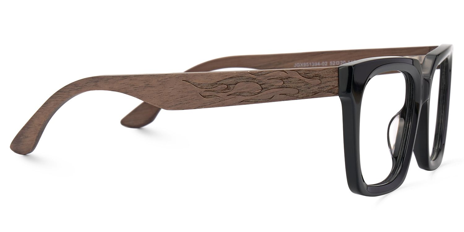 Cabdi Black Square Glasses in Wood Flame Pattern Arms2