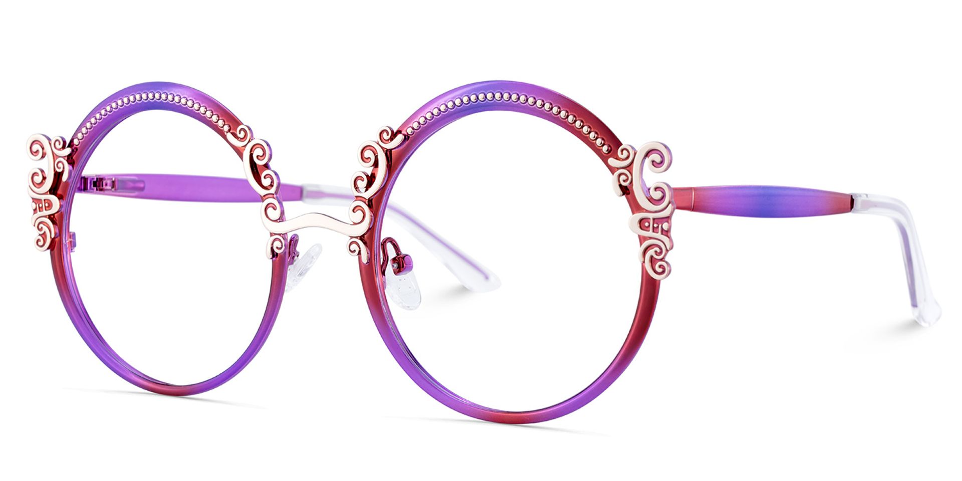 Purple Metal Eyeglasses For Women With Carved Floral Pattern3
