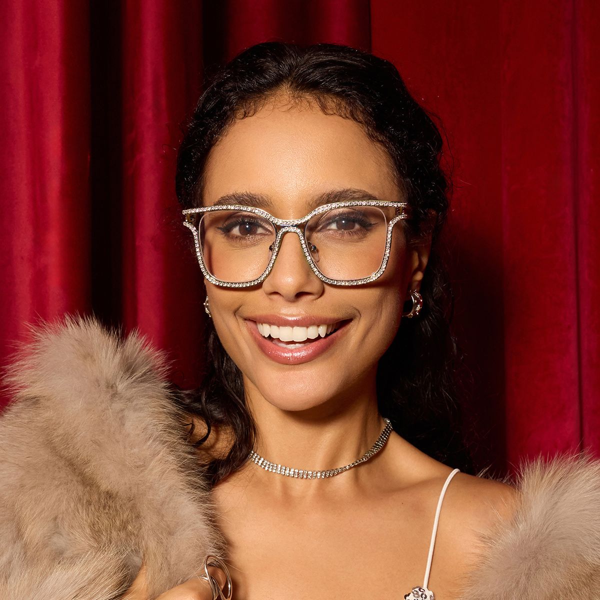 Half Rim Square Glasses With Decorated Shiny Diamonds0