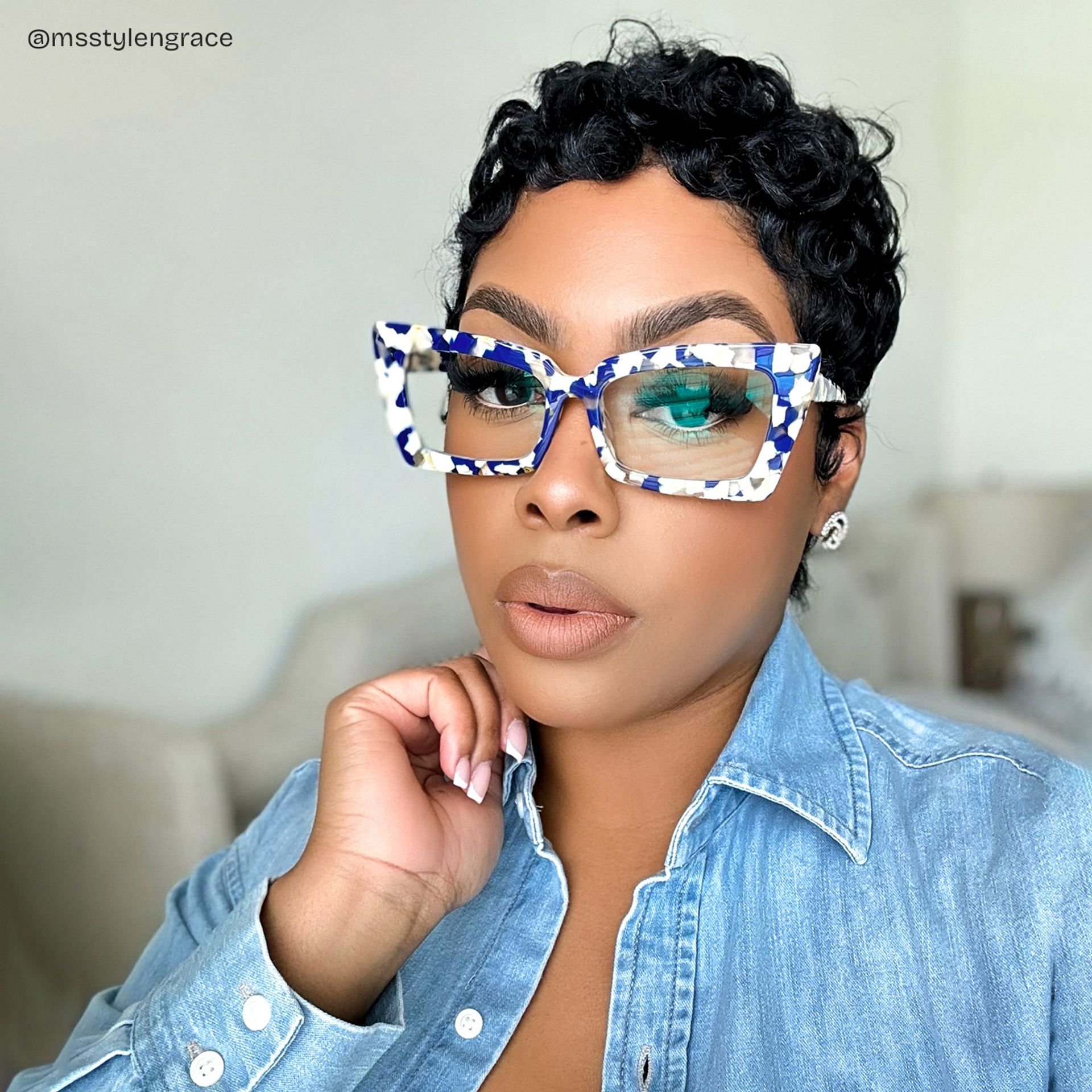 Newell Rectangle Blue-Floral Frame Glasses | Zeelool Optical4