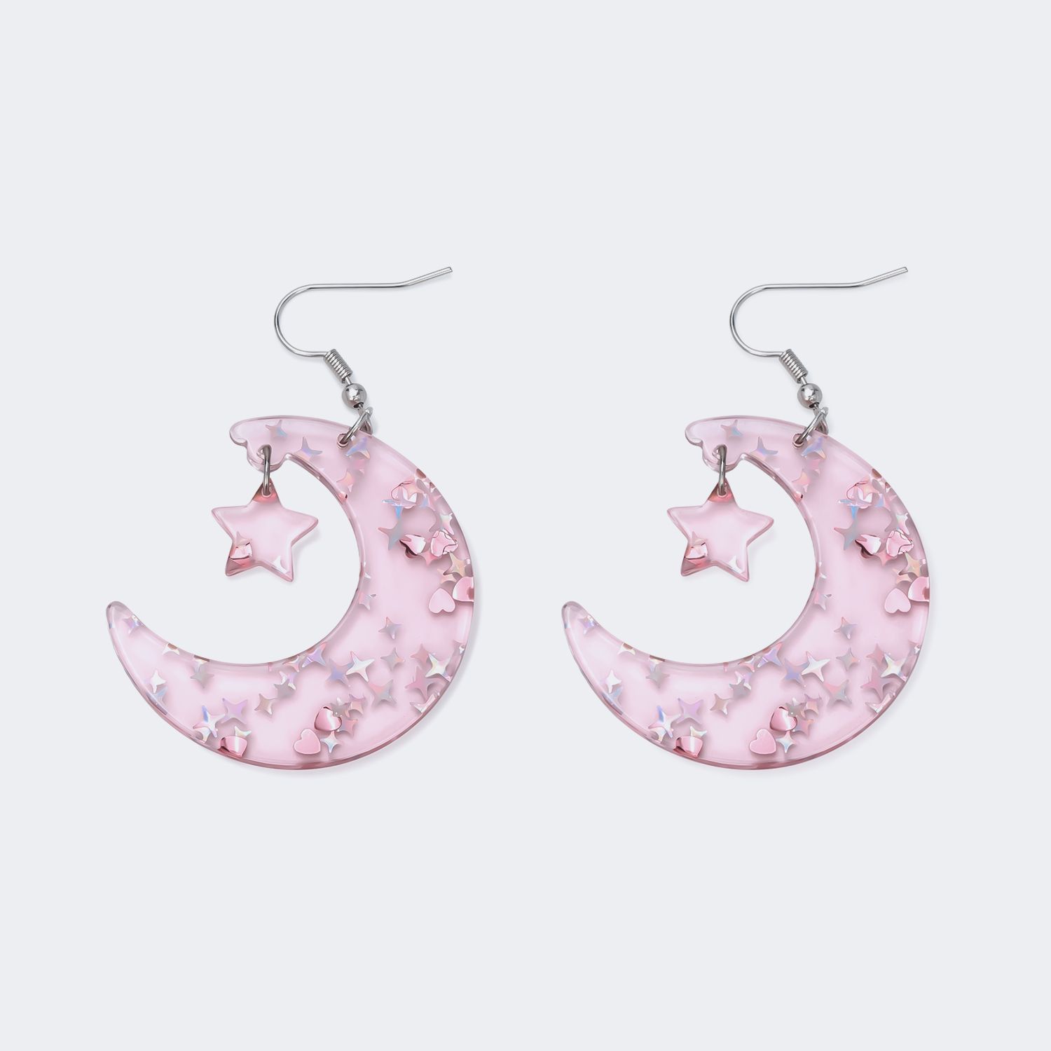 Pink Clear Moon Earrings with Sparkling Stars0