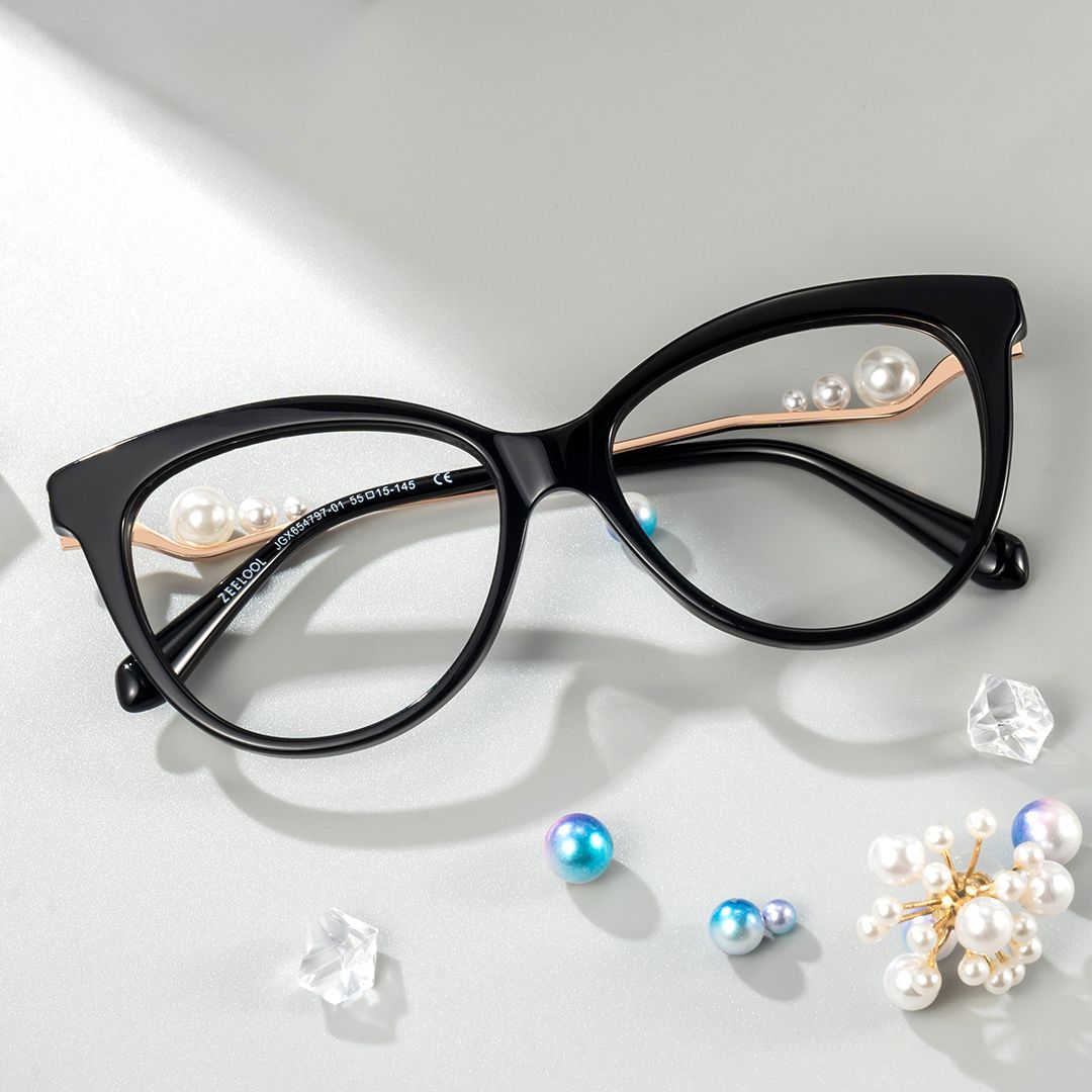 Buy Black Sparkly Cat Eye Glasses With Pearl | ZEELOOL Canada1