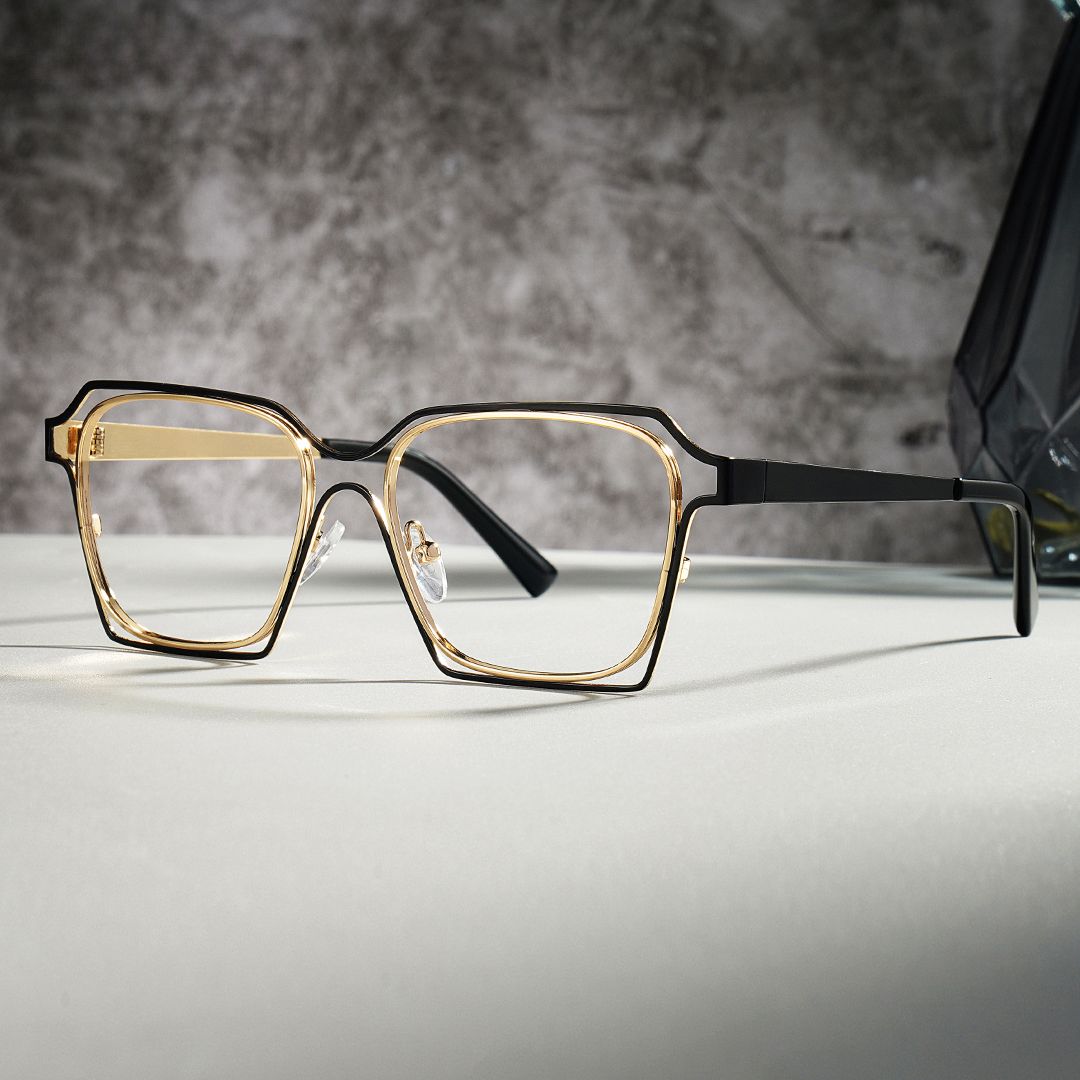 Foday Black Gold Frame Prescription Glasses with Geometric Shape0