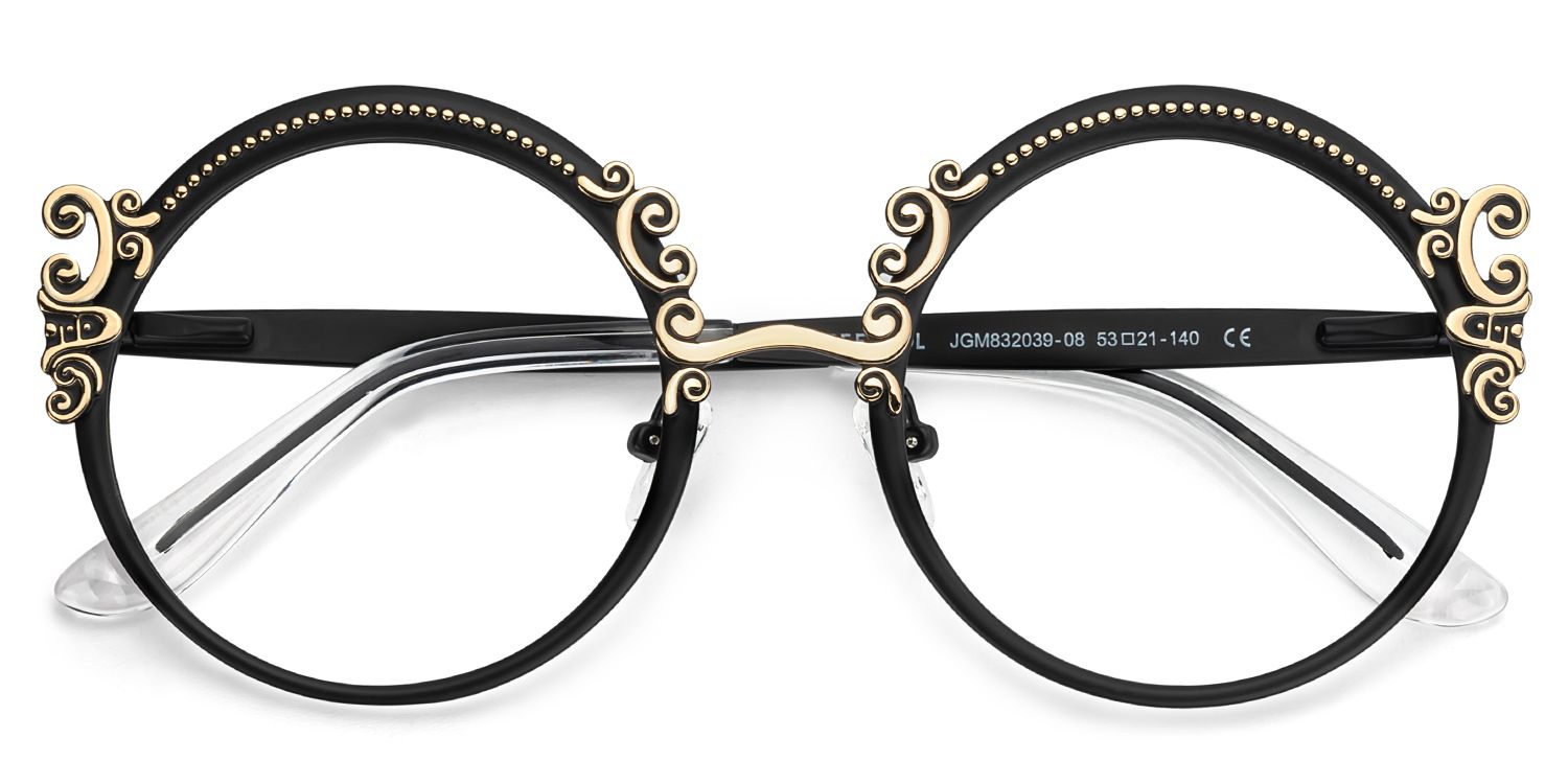Black Retro Round Glasses With Carved Floral Pattern1