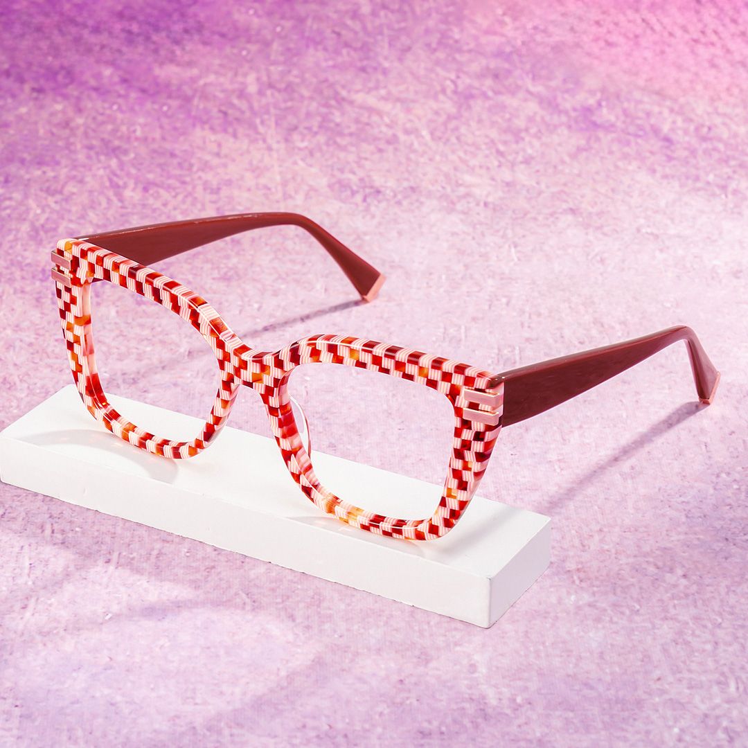 Red Plaid Glasses with Square Frames0
