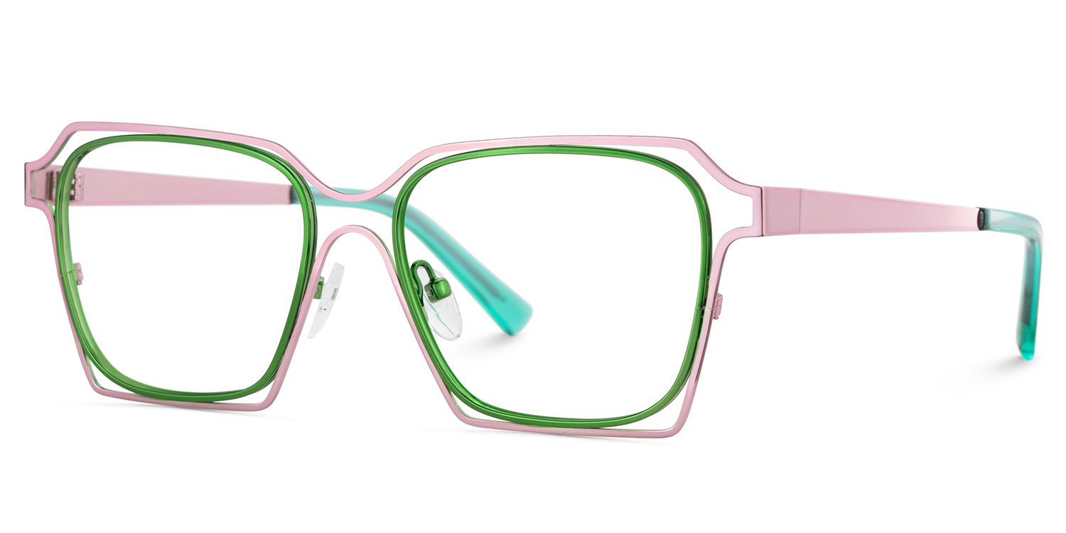 Foday Pink Green  Metal Frame Glasses With Geometric Shape2