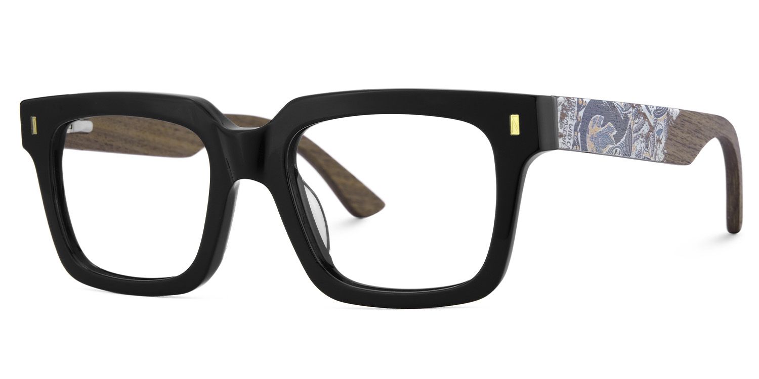 Black Rectangle Glasses With Wood Temples For Men3