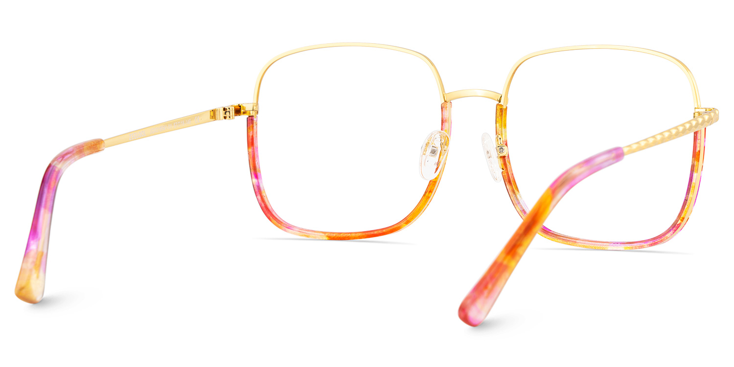 Wade is a pair of square eyeglasses. Its lower frame and temples feature a captivating red floral pa5